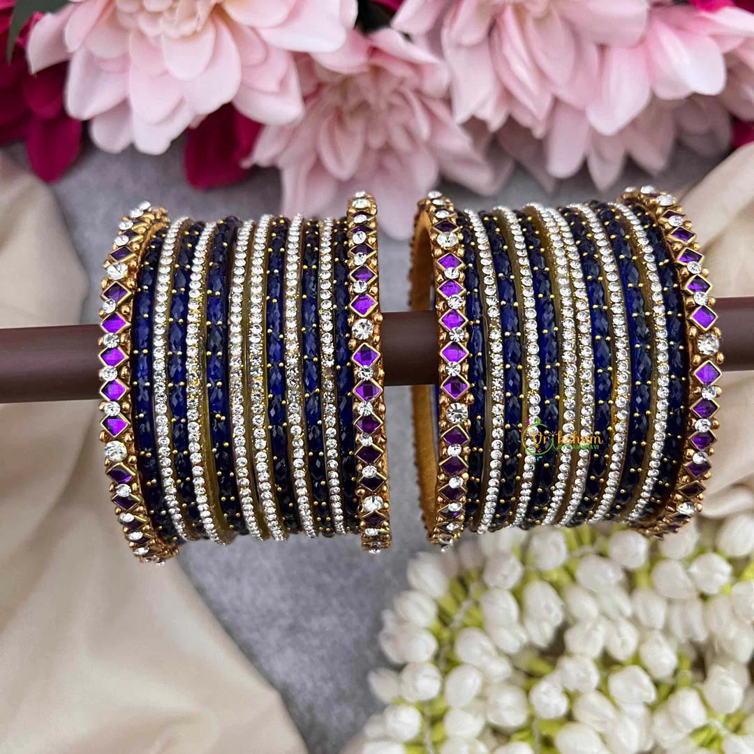 Royal Indigo With Purple Rhombus Stone Kadas Glass Bangles Set